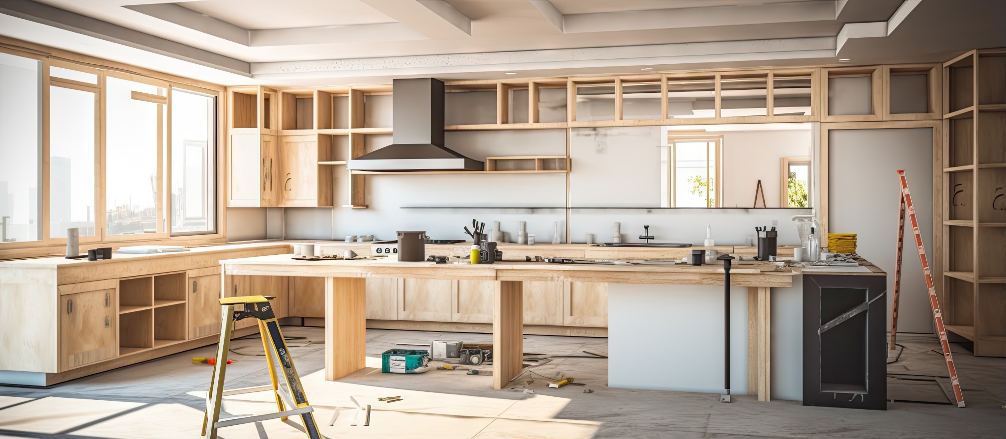 Modern kitchen renovation in progress with wooden cabinetry, island, and construction tools