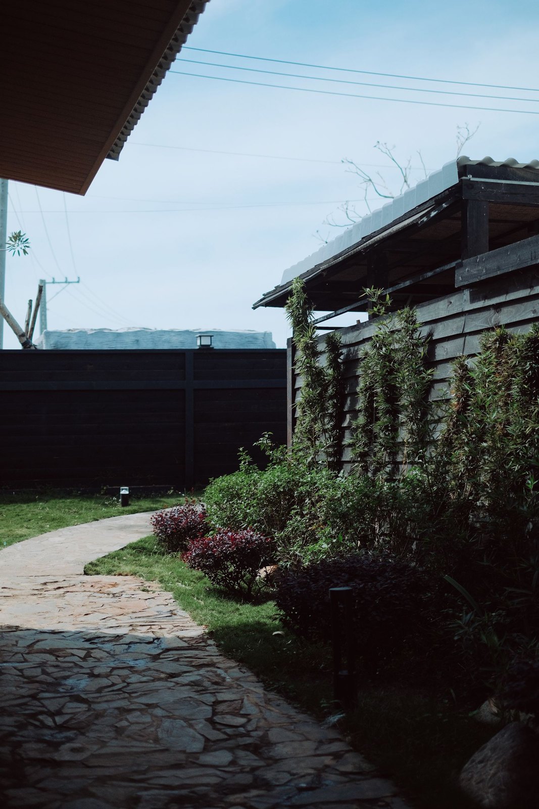 Modern backyard with dark wooden pergola, climbing vines, and manicured landscaping overlooking water